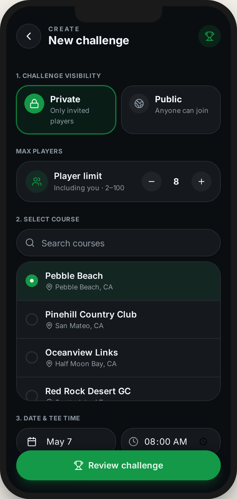 LTP Golf Create Game screen