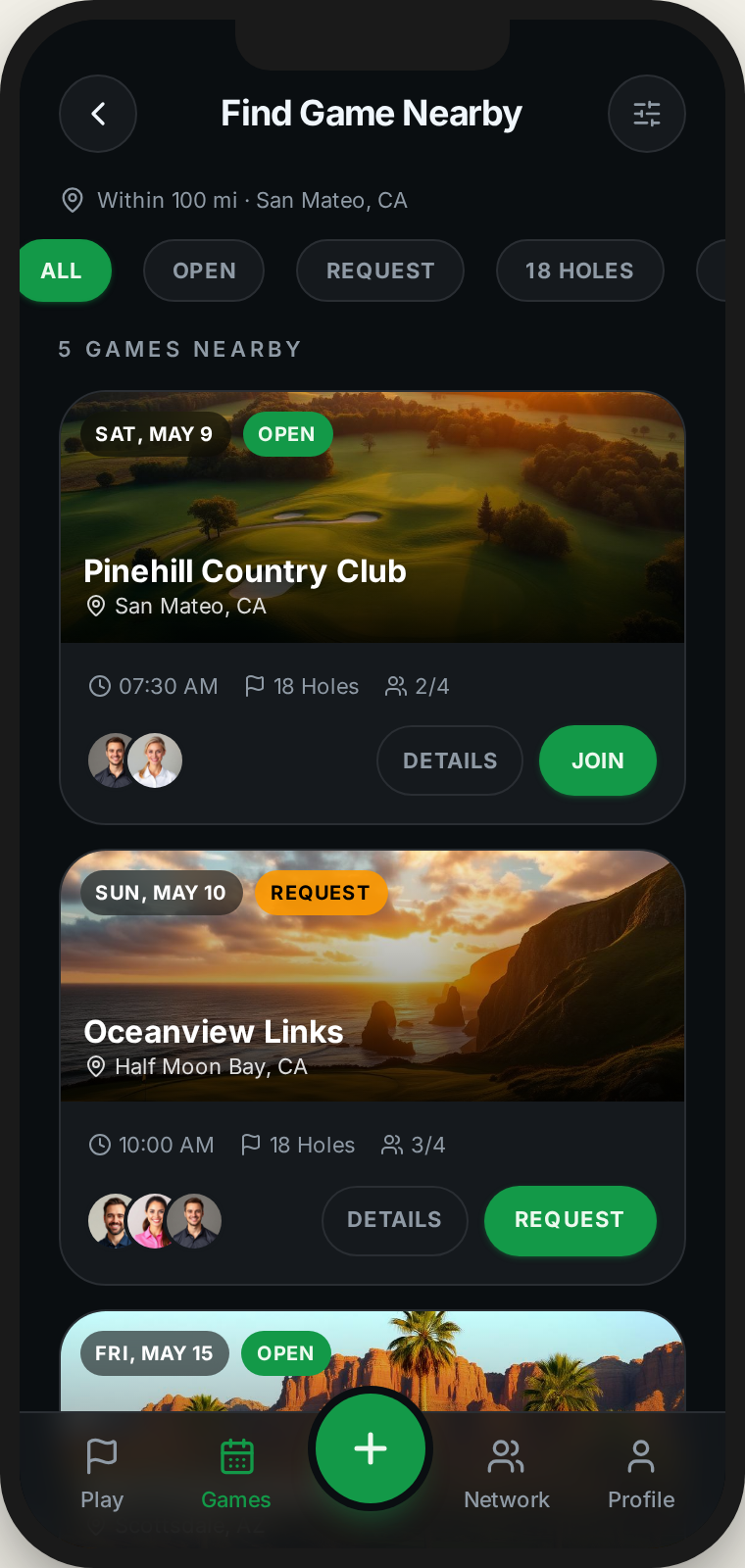 LTP Golf Profile screen